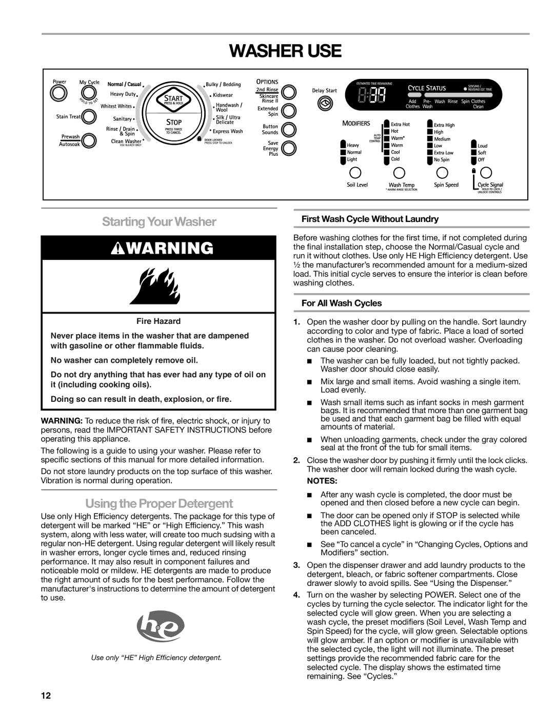 Kenmore 110.4708, 110.4709 Washer USE, Starting Your Washer, Using the Proper Detergent, First Wash Cycle Without Laundry 