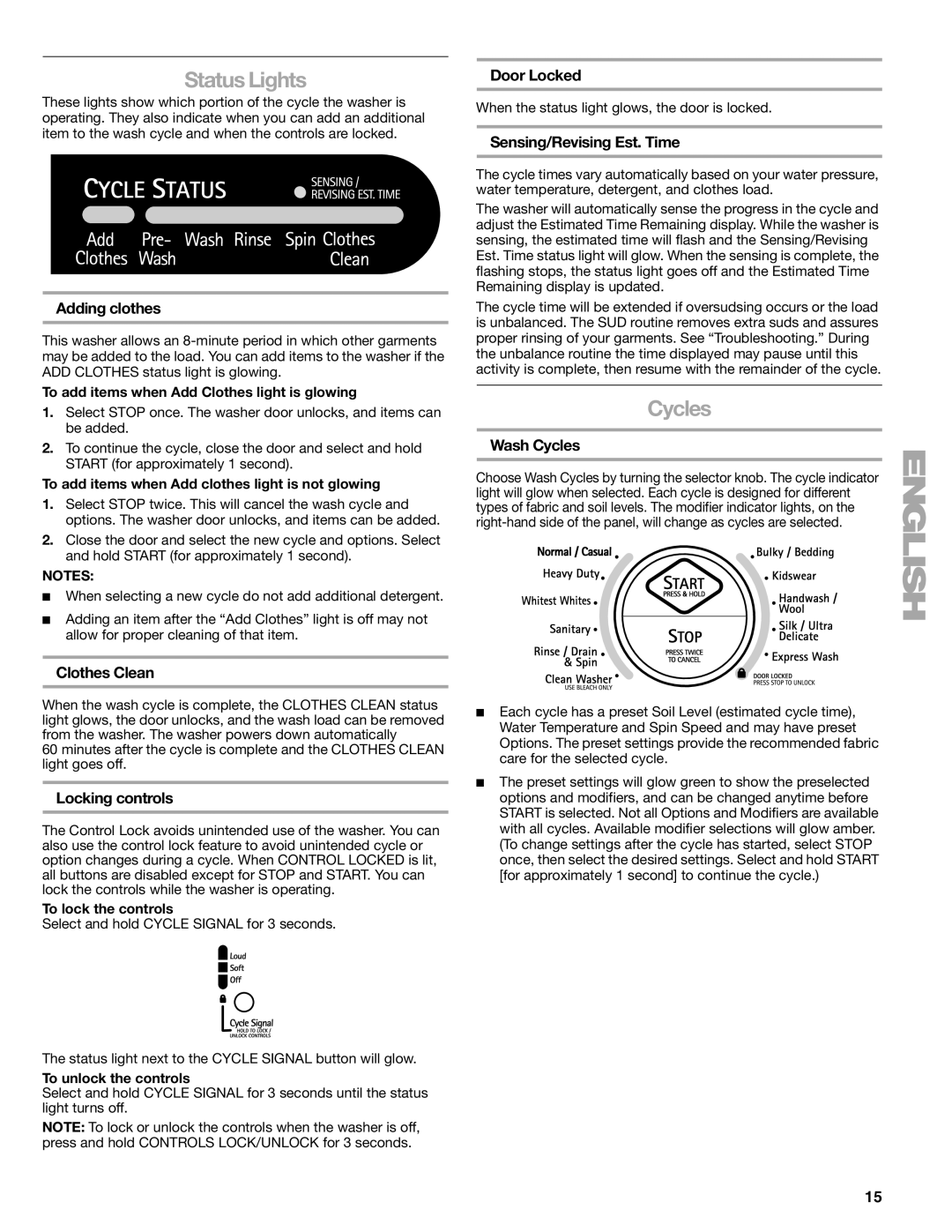 Kenmore 110.4708, 110.4709 manual Status Lights, Cycles 