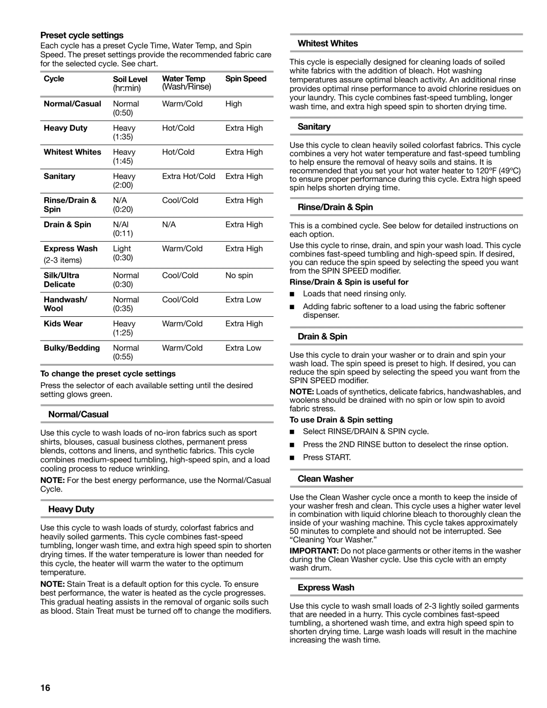 Kenmore 110.4708, 110.4709 Preset cycle settings, Normal/Casual, Heavy Duty, Whitest Whites, Sanitary, Rinse/Drain & Spin 