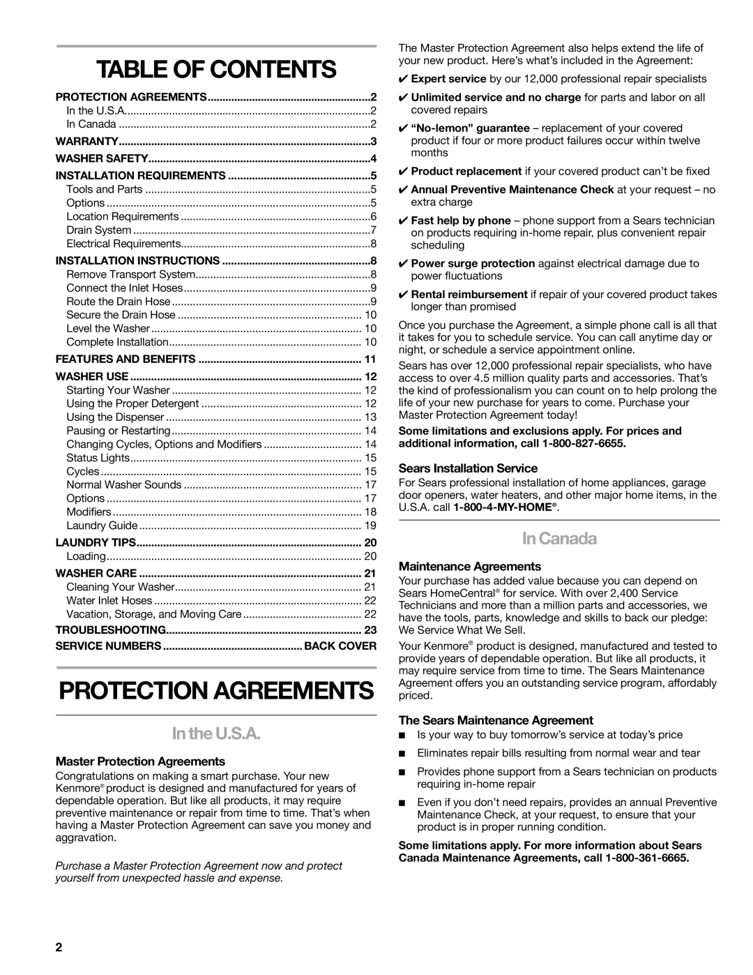 Kenmore 110.4708, 110.4709 manual Table of Contents 