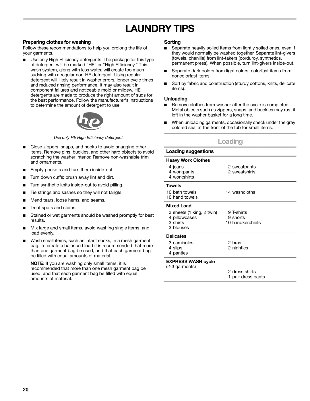 Kenmore 110.4708, 110.4709 manual Laundry Tips, Loading 