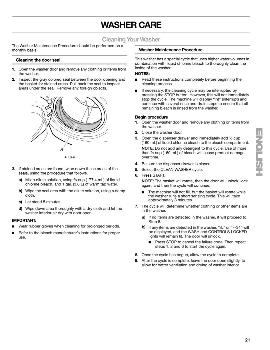 Kenmore 110.4708 Washer Care, Cleaning Your Washer, Cleaning the door seal, Washer Maintenance Procedure, Begin procedure 