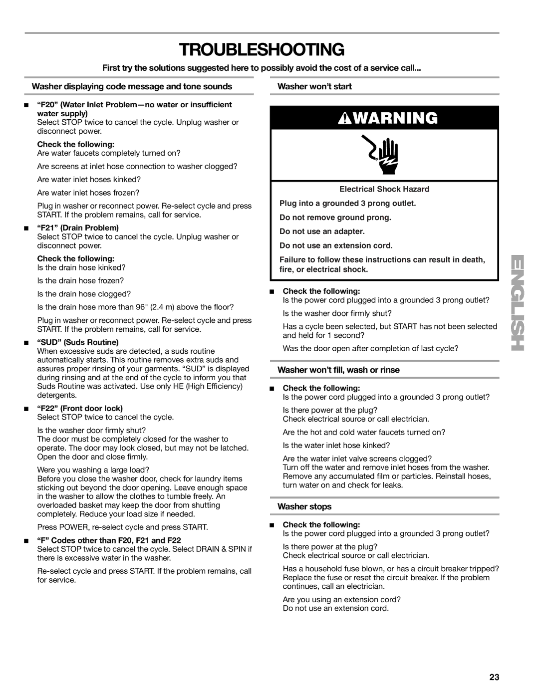 Kenmore 110.4708, 110.4709 manual Troubleshooting, Washer won’t start, Washer won’t fill, wash or rinse, Washer stops 