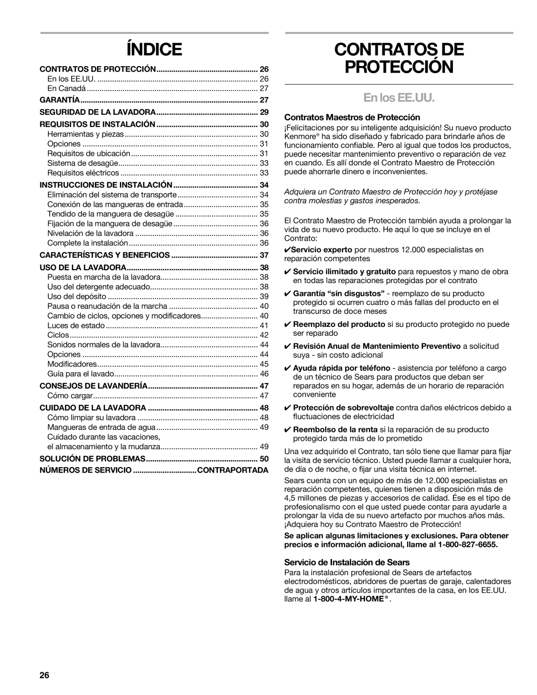 Kenmore 110.4708, 110.4709 manual Índice, Contratos DE Protección, En los EE.UU, Contratos Maestros de Protección 