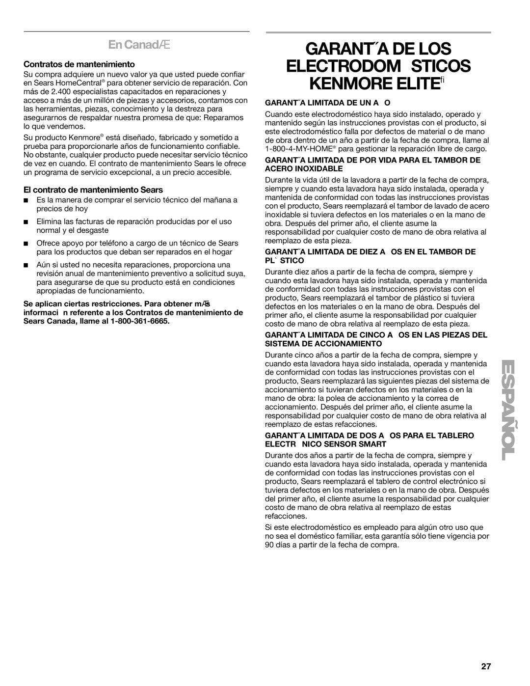 Kenmore 110.4708 manual Garantía DE LOS Electrodomésticos Kenmore Elite, En Canadá, Contratos de mantenimiento 