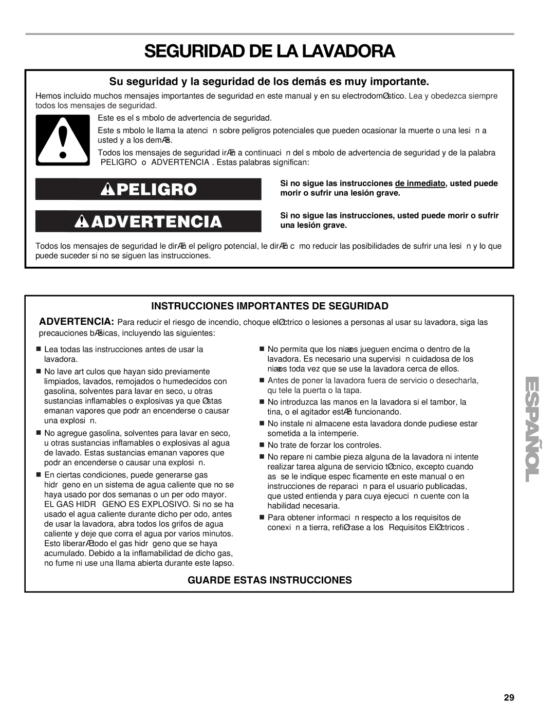 Kenmore 110.4708, 110.4709 manual Seguridad DE LA Lavadora, Su seguridad y la seguridad de los demás es muy importante 