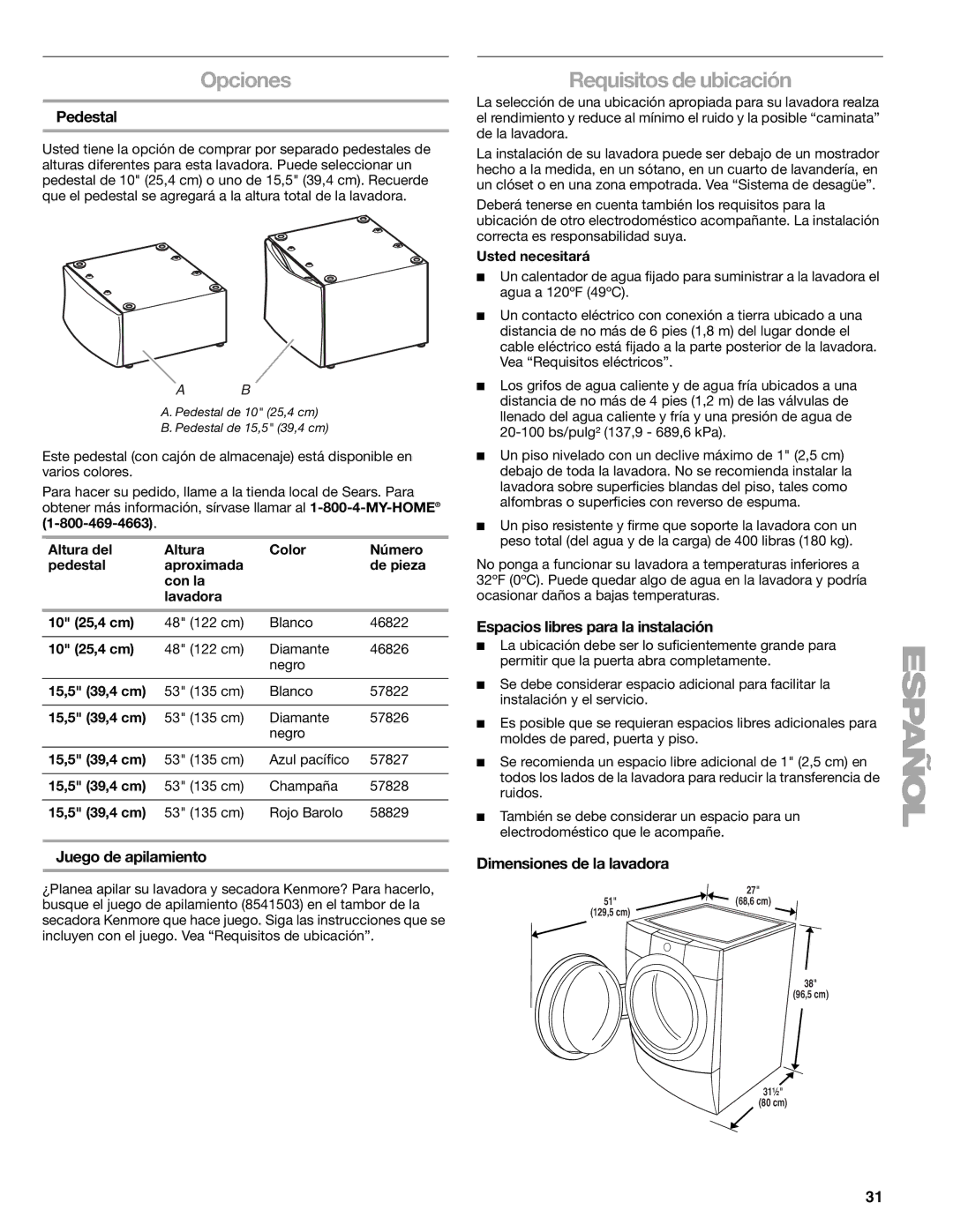 Kenmore 110.4708 manual Opciones, Requisitos de ubicación, Juego de apilamiento, Espacios libres para la instalación 