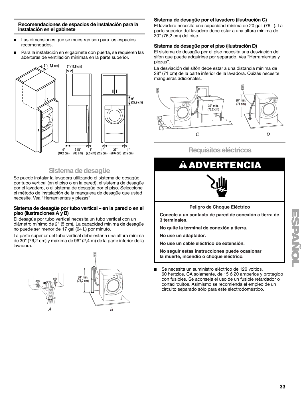 Kenmore 110.4708, 110.4709 manual Requisitos eléctricos, Sistema de desagüe por el lavadero ilustración C 