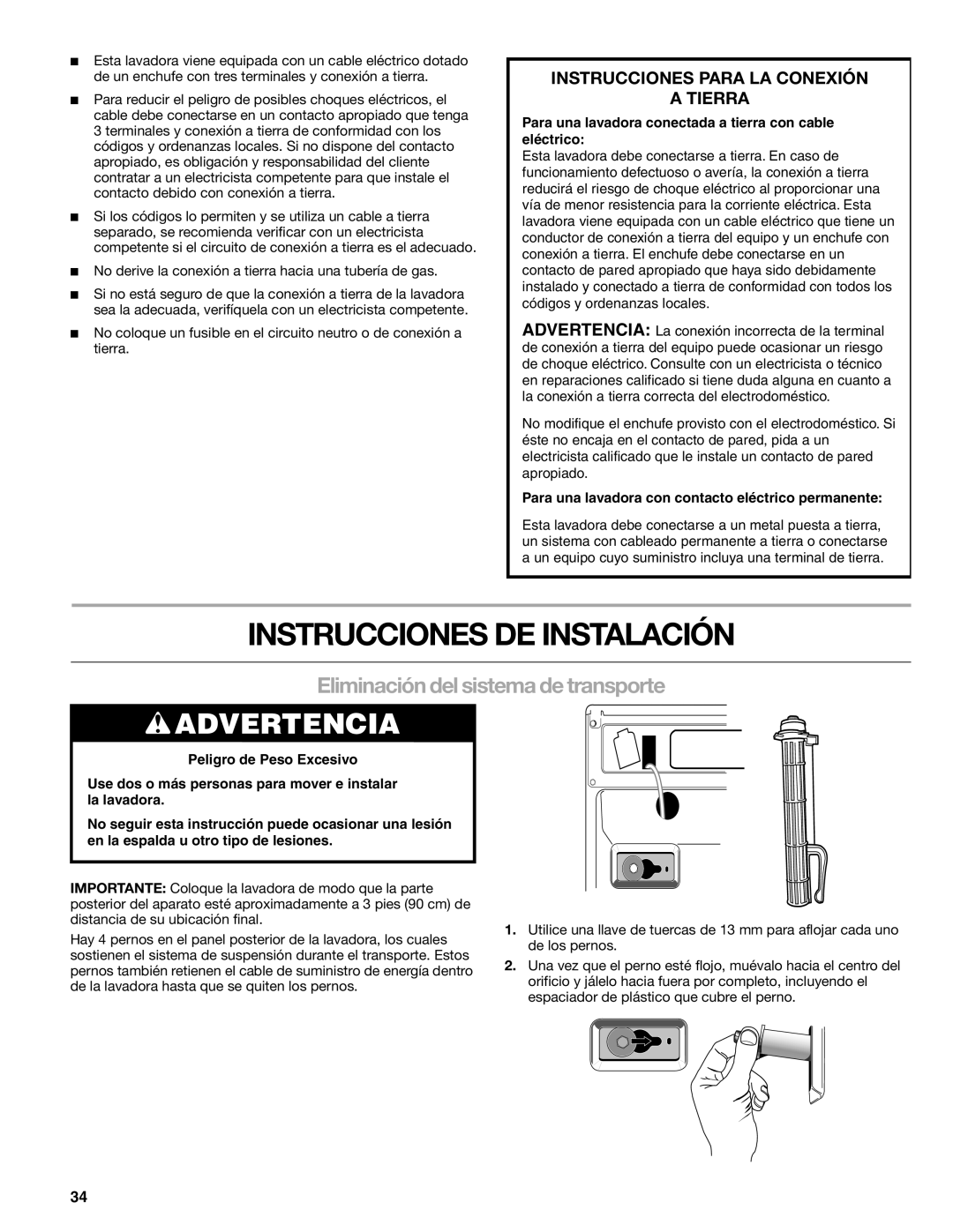 Kenmore 110.4708, 110.4709 manual Instrucciones DE Instalación, Eliminación del sistema de transporte 