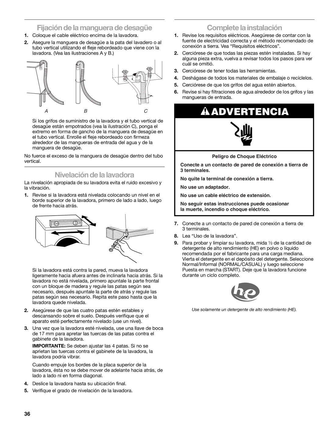 Kenmore 110.4708, 110.4709 manual Fijación de la manguera de desagüe, Nivelación de la lavadora, Complete la instalación 