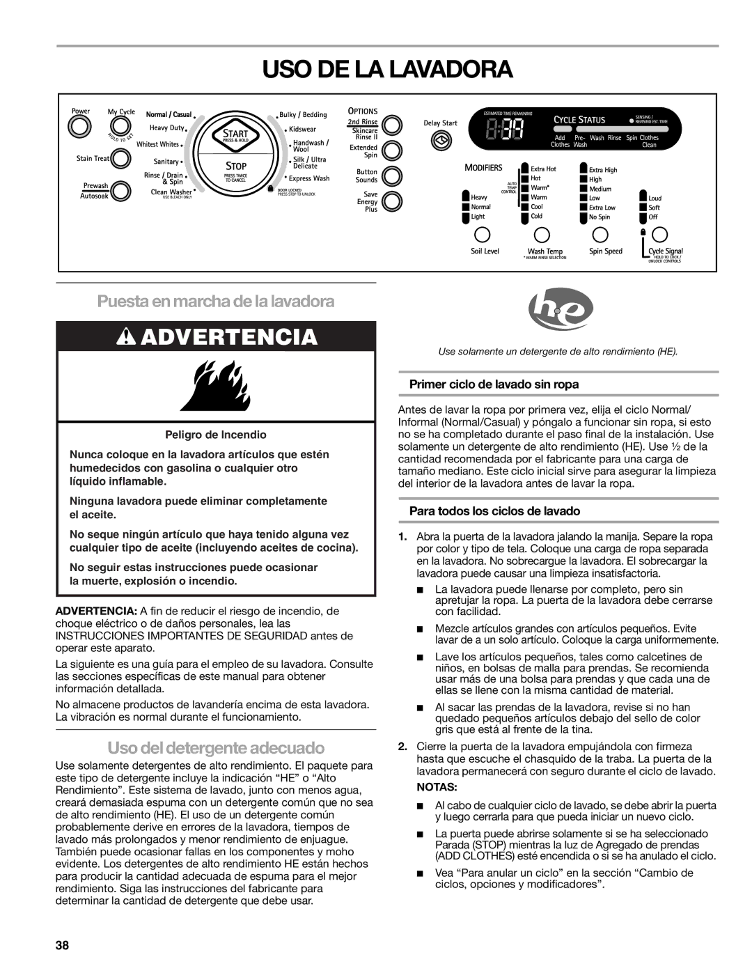 Kenmore 110.4708, 110.4709 manual USO DE LA Lavadora, Puesta en marcha de la lavadora, Uso del detergente adecuado 