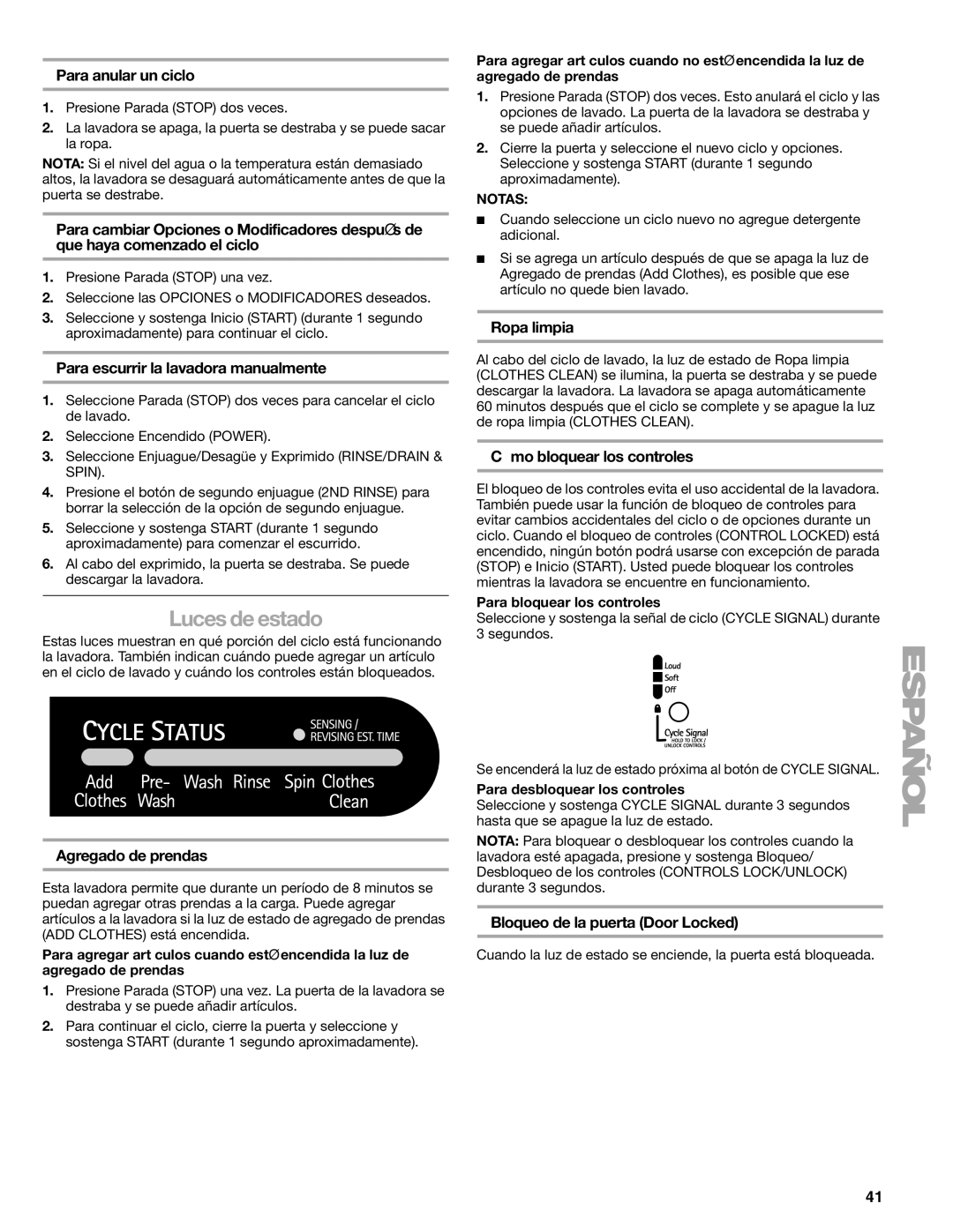 Kenmore 110.4708, 110.4709 manual Luces de estado 