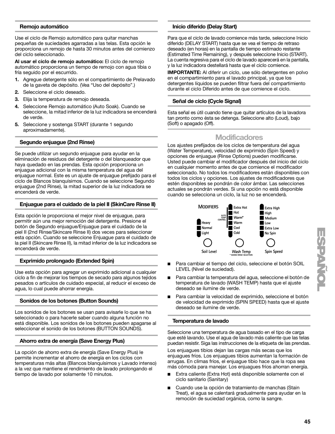 Kenmore 110.4708 Remojo automático Inicio diferido Delay Start, Segundo enjuague 2nd Rinse, Señal de ciclo Cycle Signal 