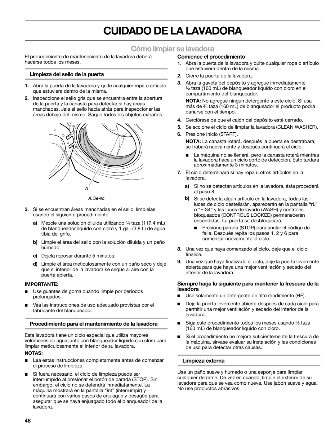 Kenmore 110.4708, 110.4709 manual Cuidado DE LA Lavadora, Cómo limpiar su lavadora 