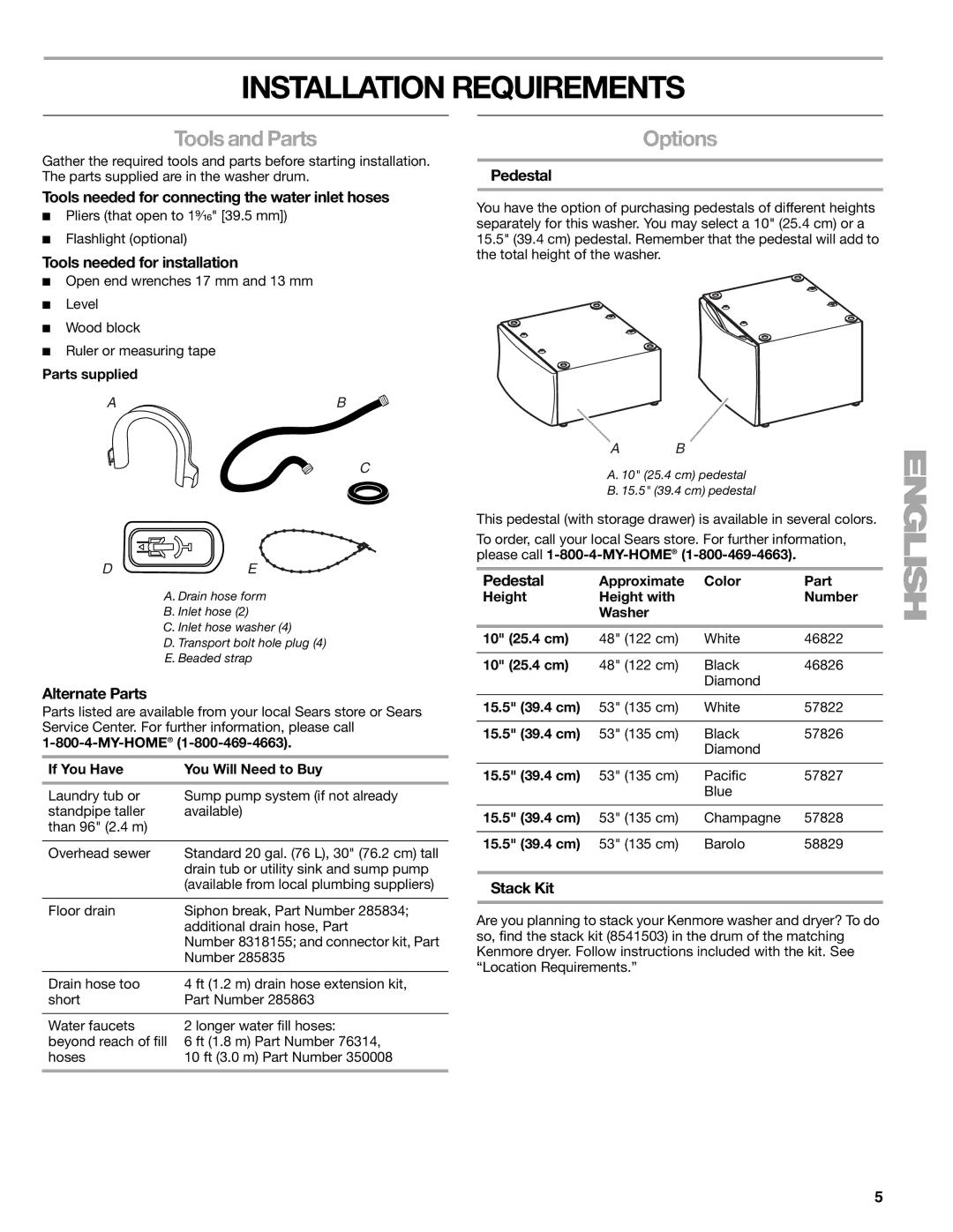 Kenmore 110.4708, 110.4709 manual Installation Requirements, Tools and Parts, Options 