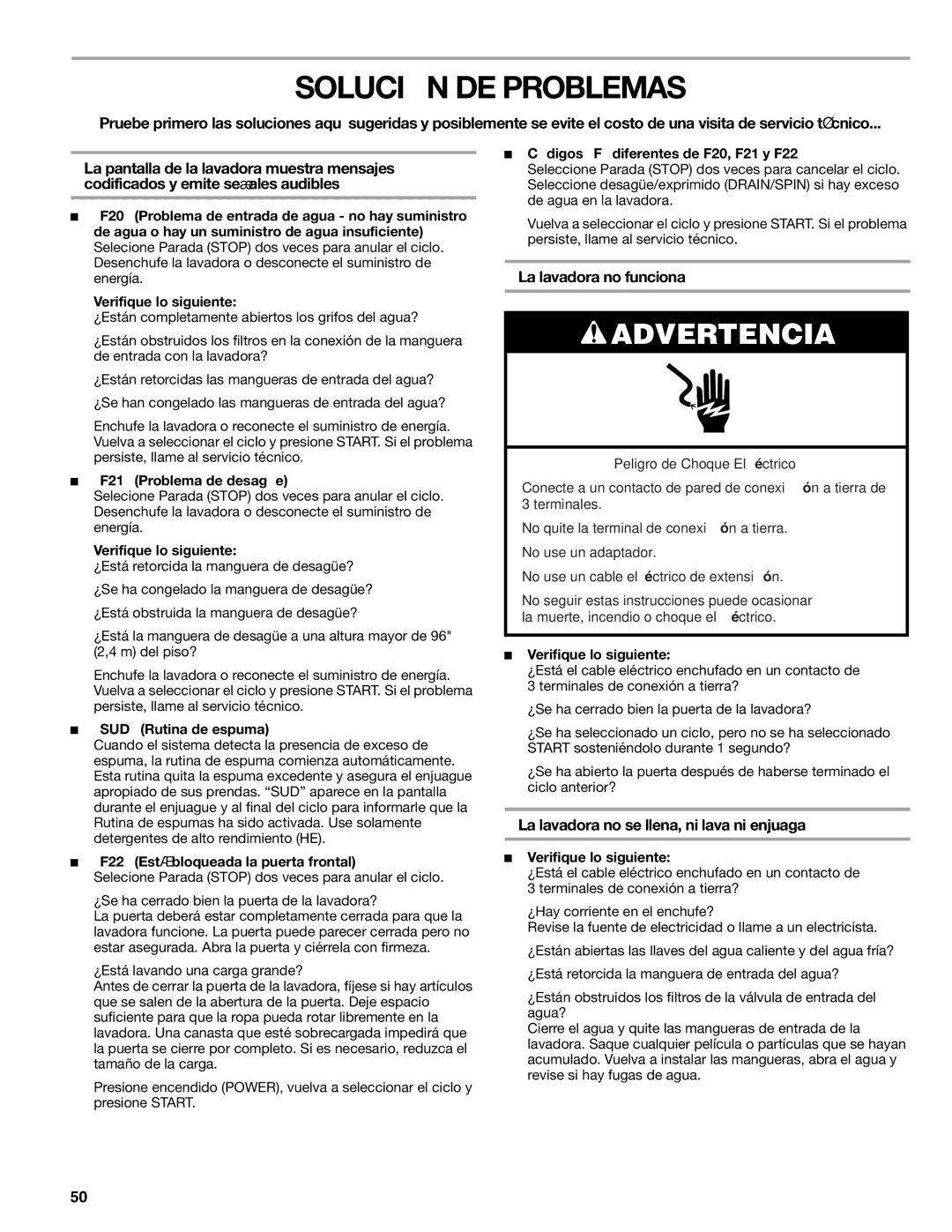 Kenmore 110.4708, 110.4709 Solución DE Problemas, La lavadora no funciona, La lavadora no se llena, ni lava ni enjuaga 