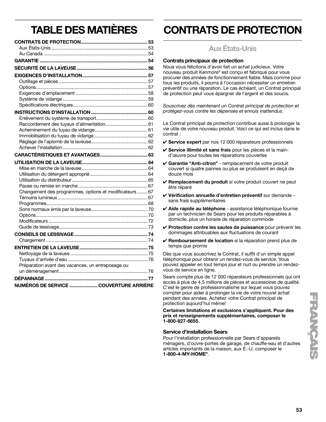 Kenmore 110.4708 manual Table DES Matières, Contrats DE Protection, Aux États-Unis, Contrats principaux de protection 