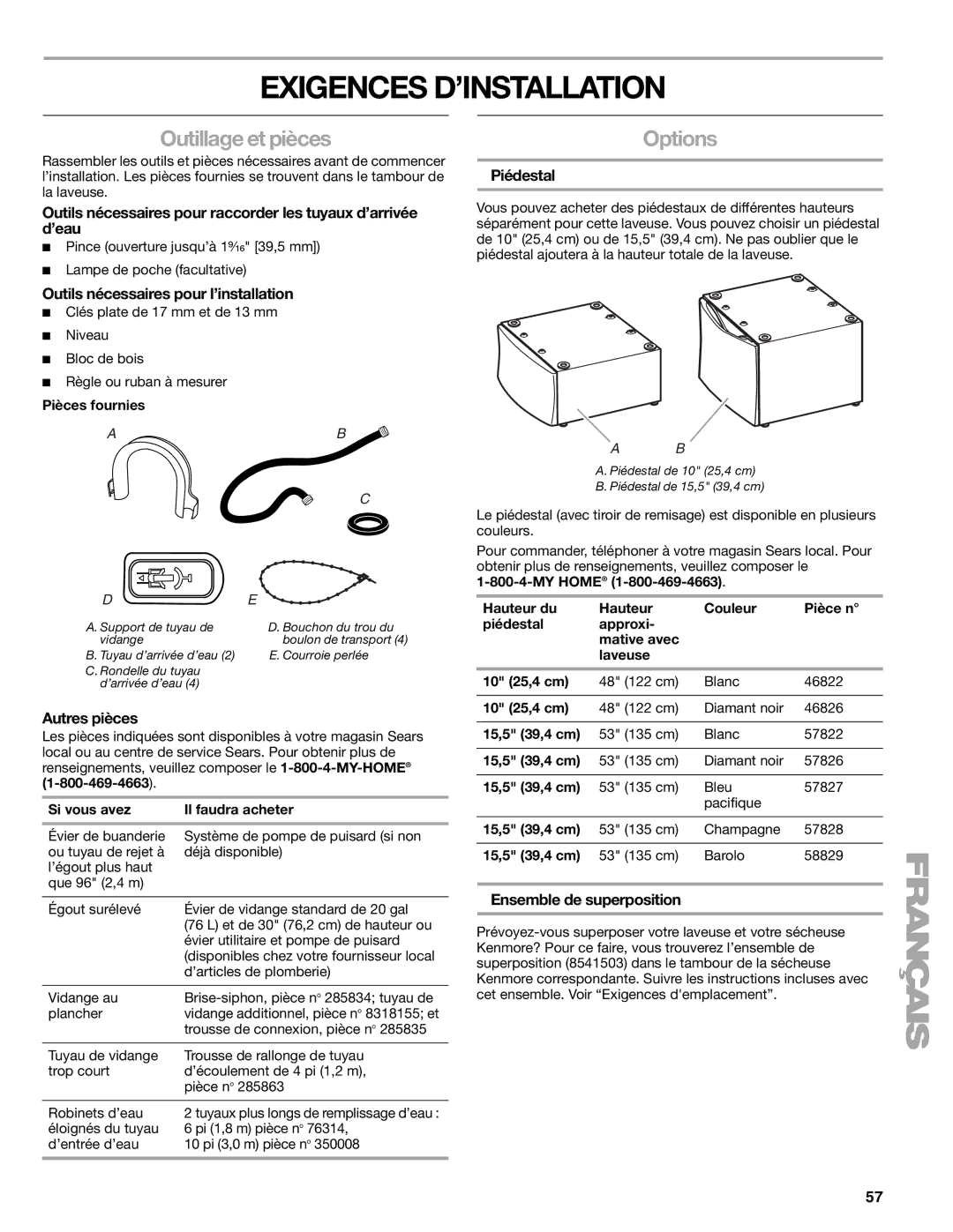 Kenmore 110.4708, 110.4709 manual Exigences D’INSTALLATION, Outillage et pièces 