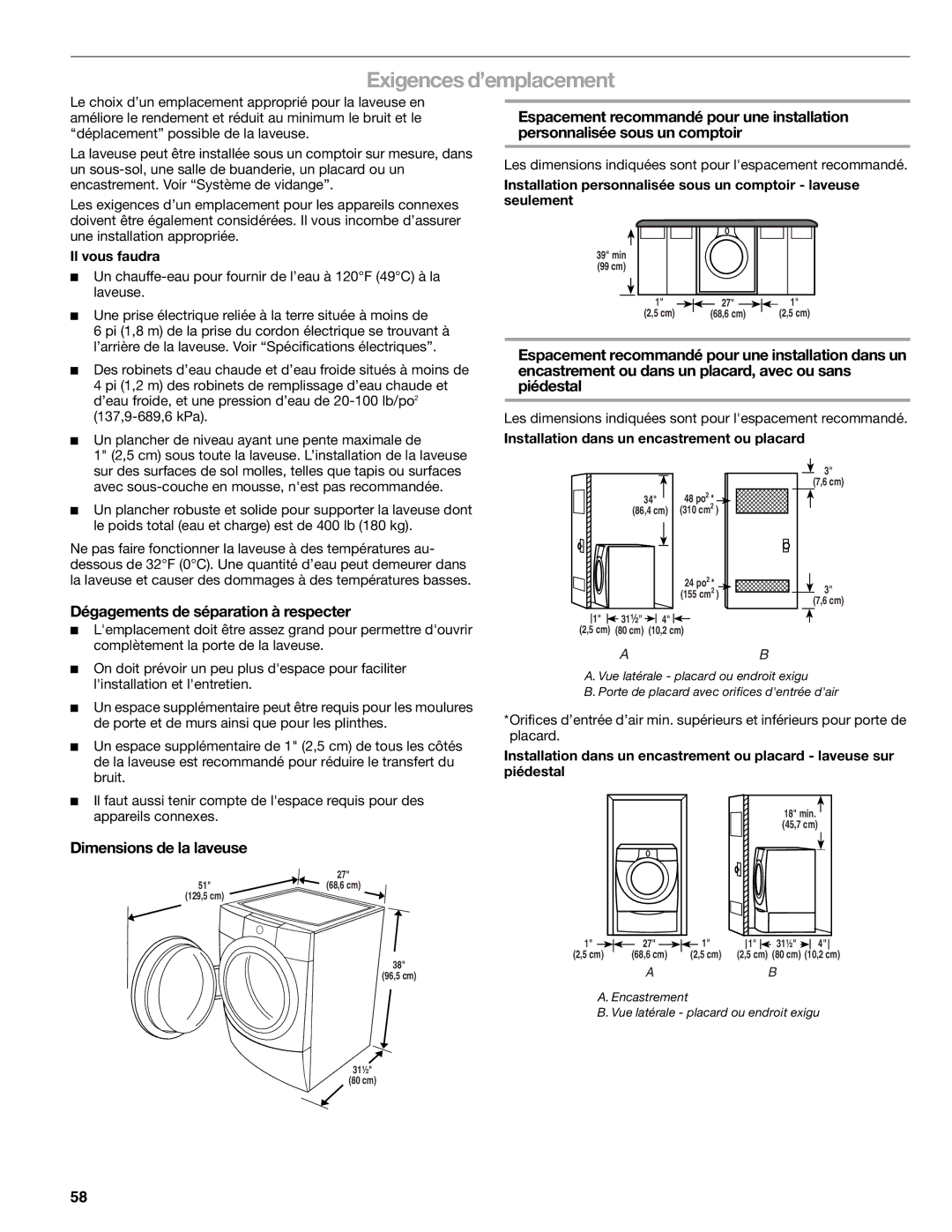 Kenmore 110.4708, 110.4709 manual Exigences d’emplacement, Dégagements de séparation à respecter, Dimensions de la laveuse 