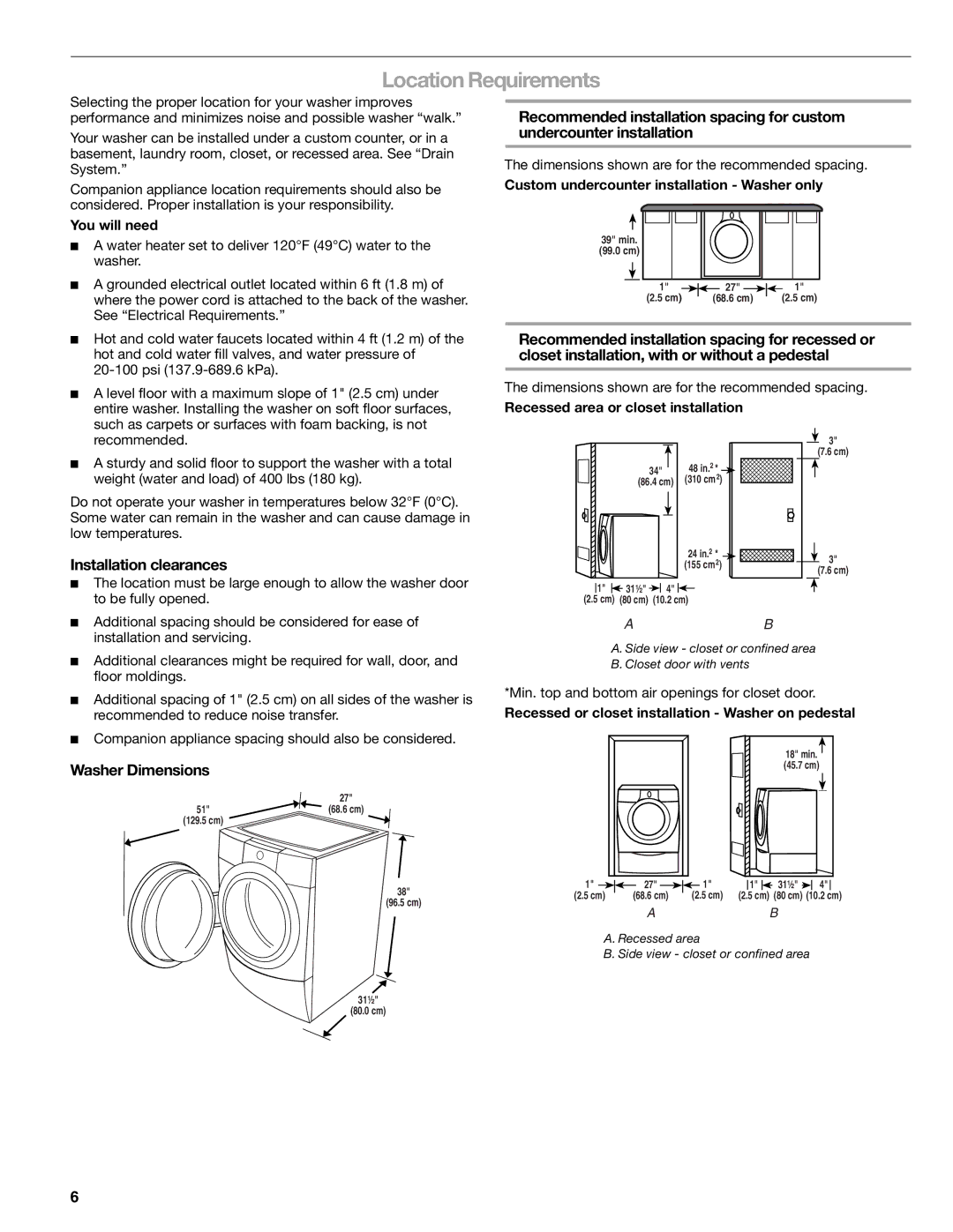 Kenmore 110.4708, 110.4709 manual Location Requirements, Installation clearances, Washer Dimensions 