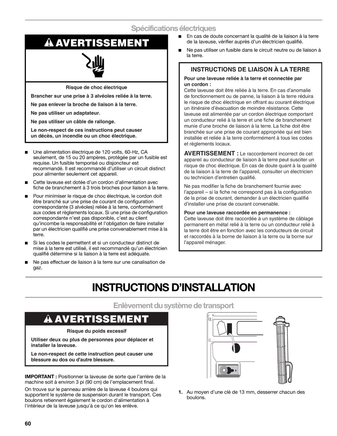 Kenmore 110.4708, 110.4709 Instructions D’INSTALLATION, Spécifications électriques, Enlèvement du système de transport 