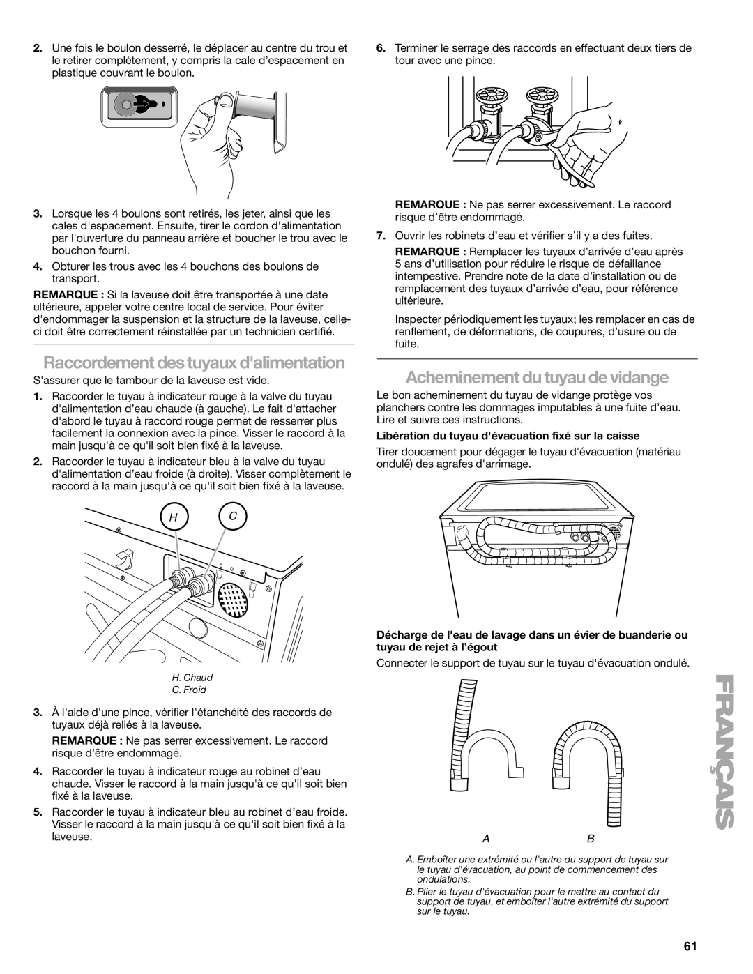 Kenmore 110.4708, 110.4709 manual Acheminement du tuyau de vidange, Libération du tuyau dévacuation fixé sur la caisse 