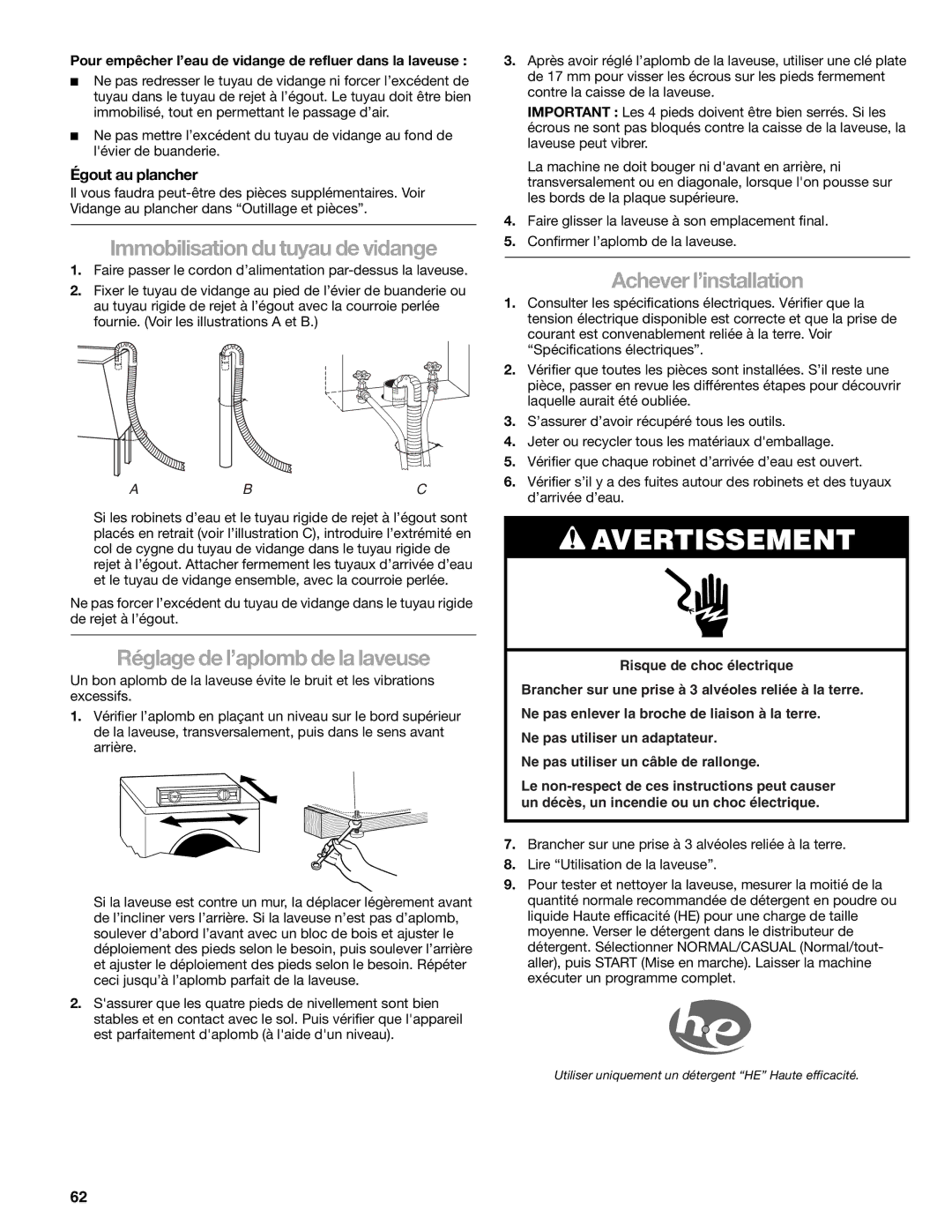 Kenmore 110.4708, 110.4709 Immobilisation du tuyau de vidange, Réglage de l’aplomb de la laveuse, Achever l’installation 