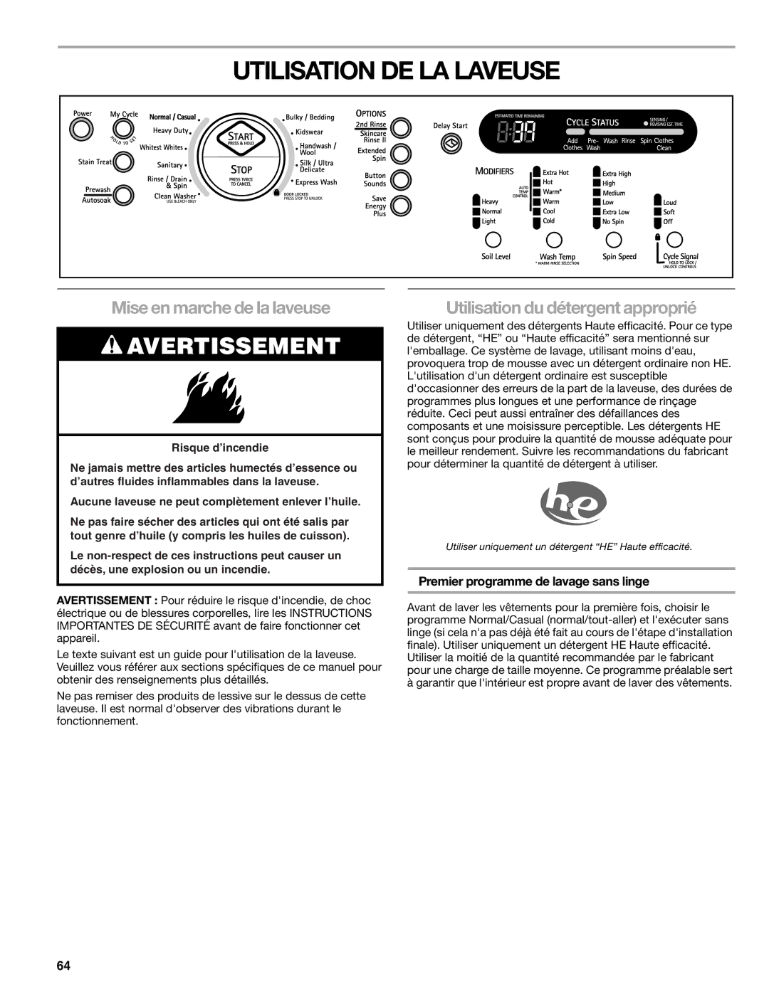 Kenmore 110.4708, 110.4709 Utilisation DE LA Laveuse, Mise en marche de la laveuse, Utilisation du détergent approprié 