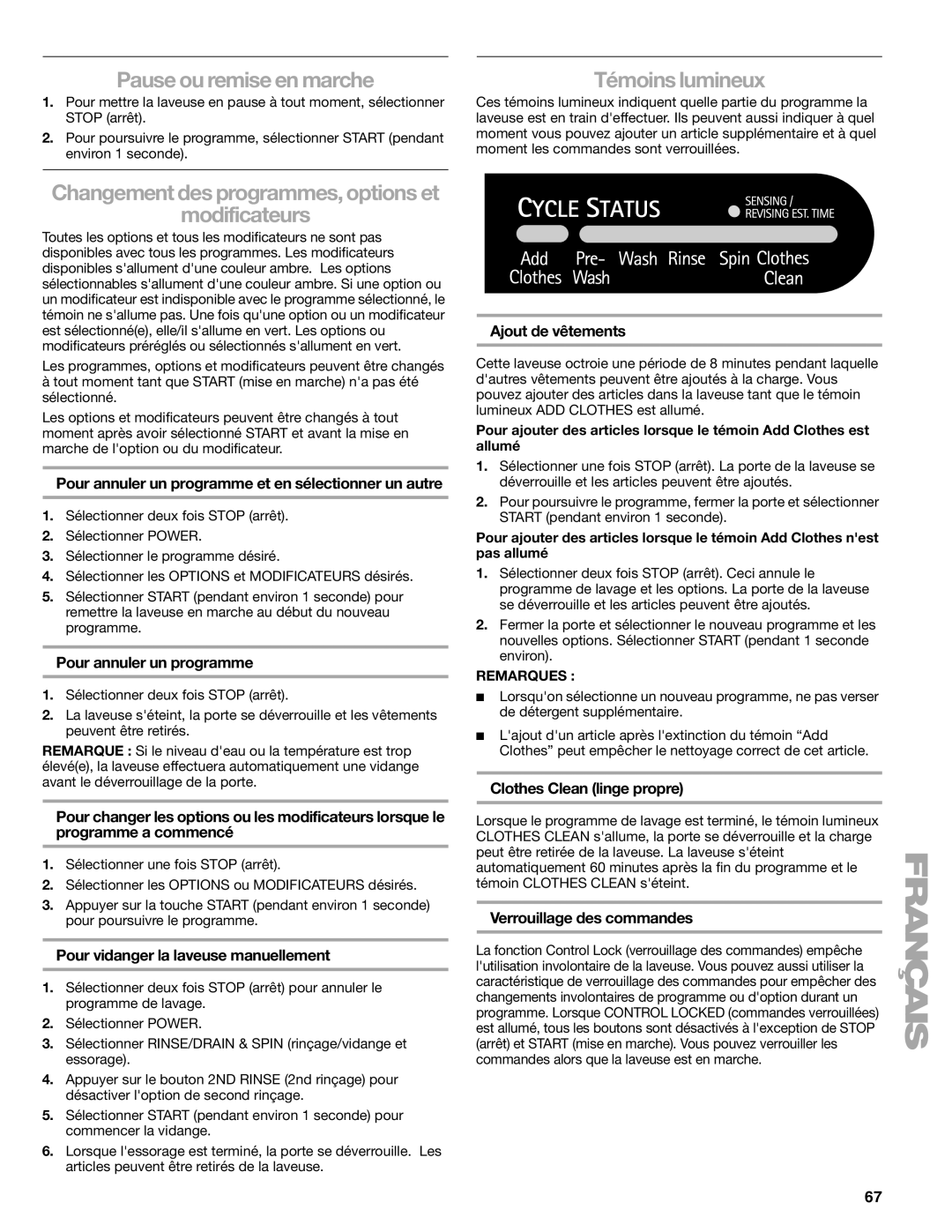 Kenmore 110.4708, 110.4709 manual Pause ou remise en marche, Témoins lumineux, Modificateurs 