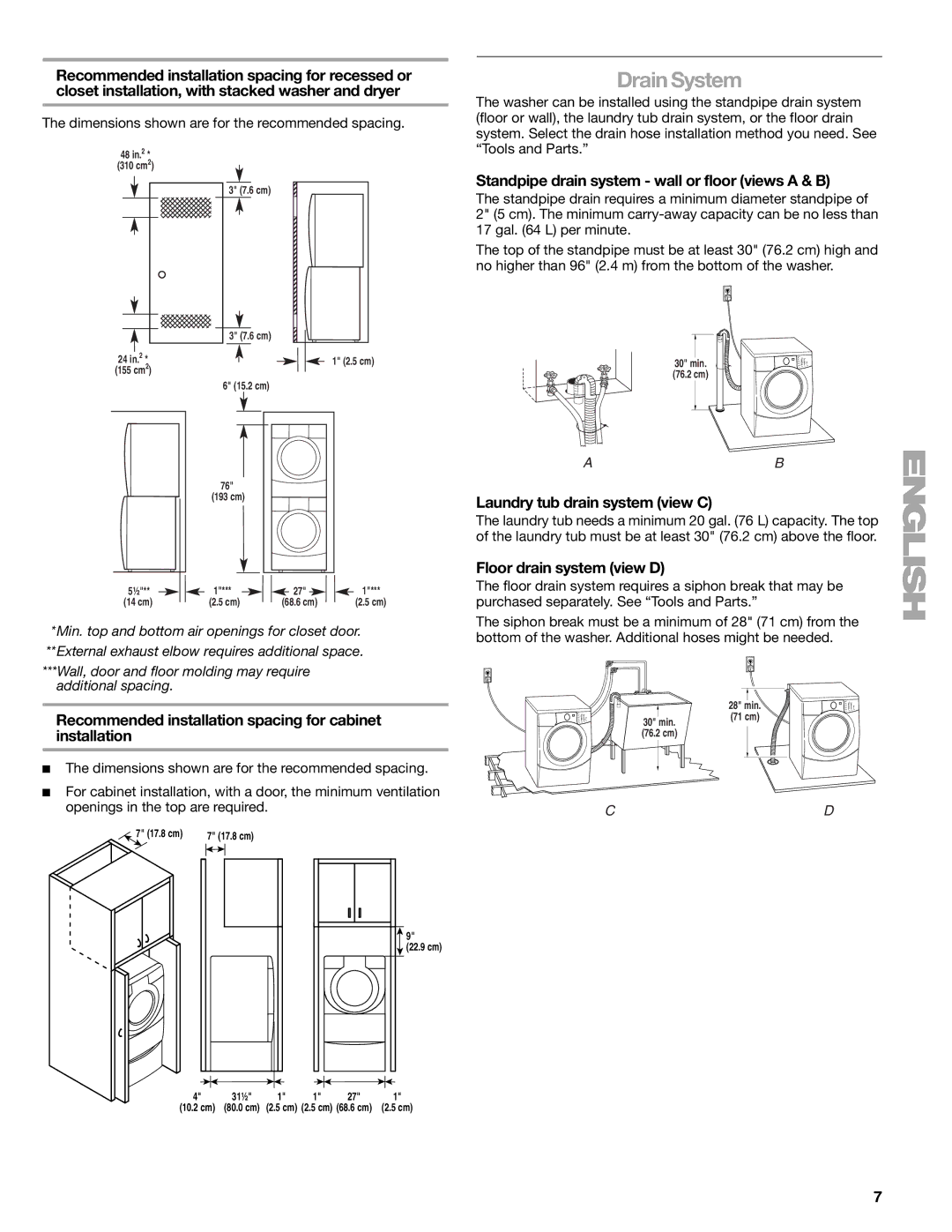 Kenmore 110.4708 manual Drain System, Standpipe drain system wall or floor views a & B, Laundry tub drain system view C 