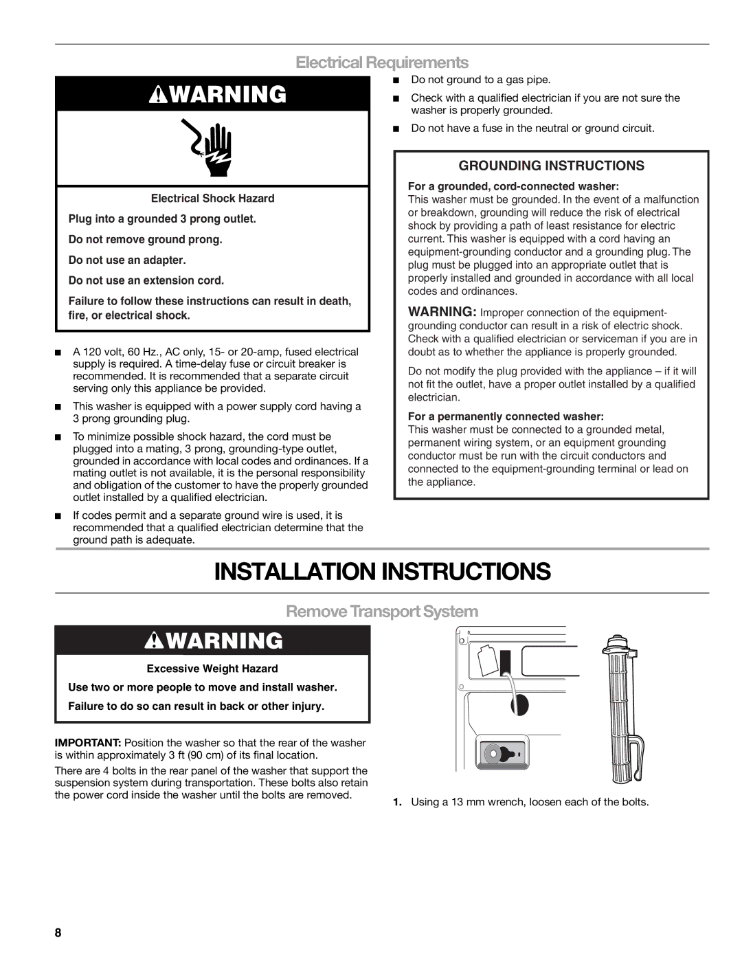 Kenmore 110.4708, 110.4709 manual Installation Instructions, Electrical Requirements, Remove Transport System 