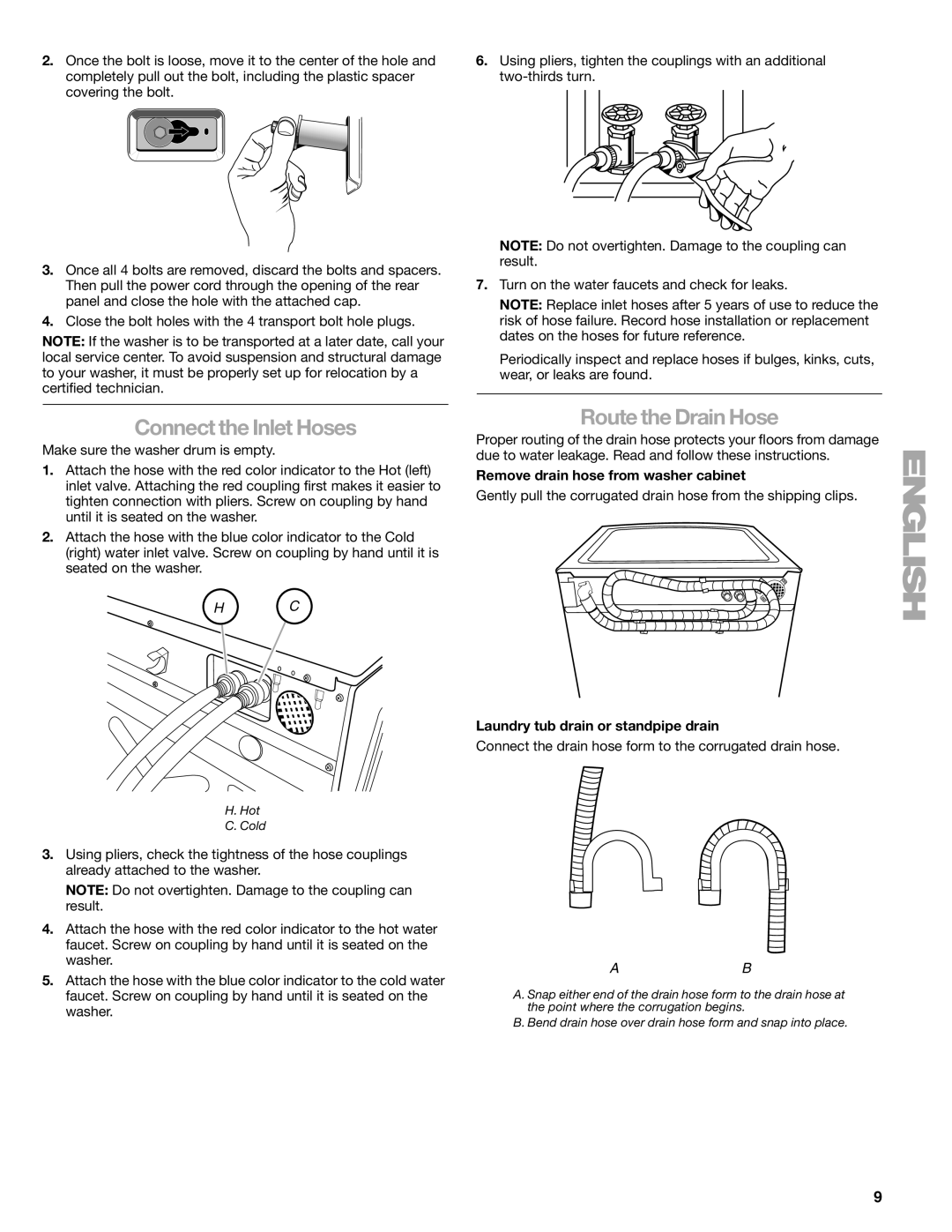 Kenmore 110.4708, 110.4709 manual Connect the Inlet Hoses, Route the Drain Hose, Remove drain hose from washer cabinet 