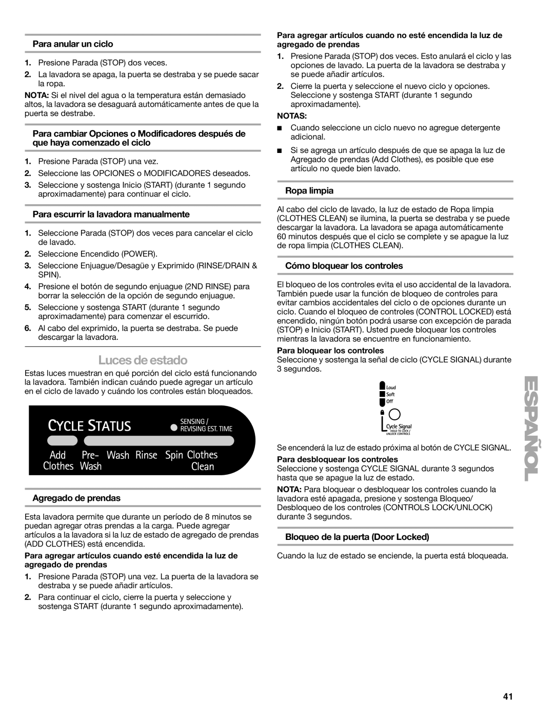 Kenmore 4709*, 110.4708* manual Luces de estado 