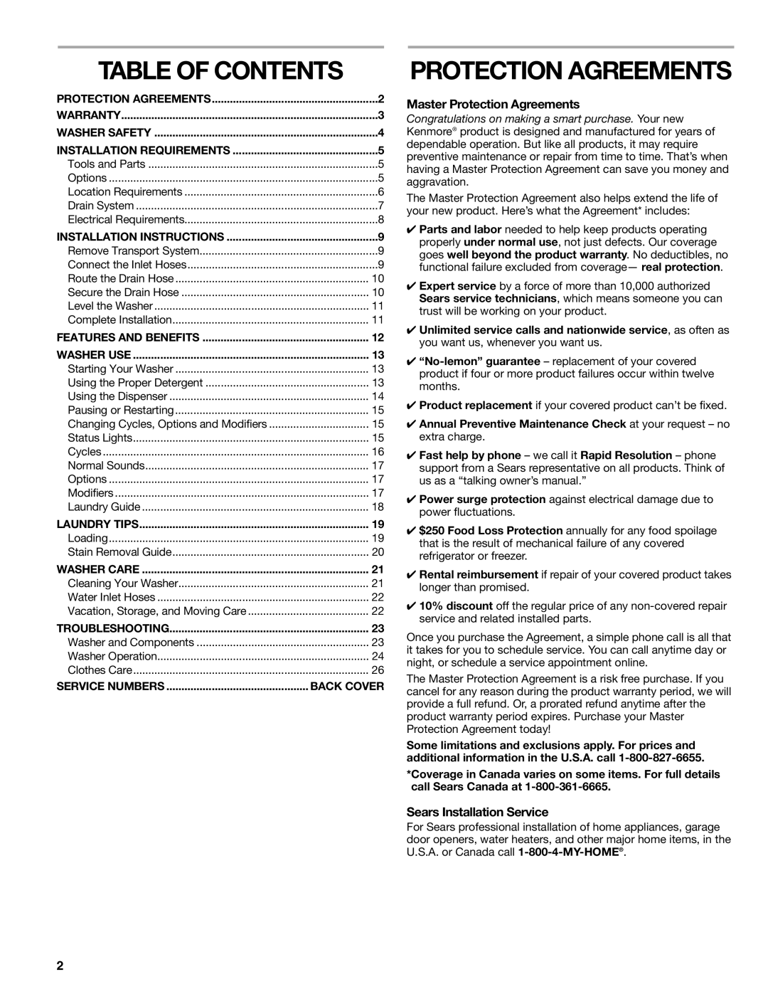 Kenmore 110.4751 manual Table of Contents, Protection Agreements 