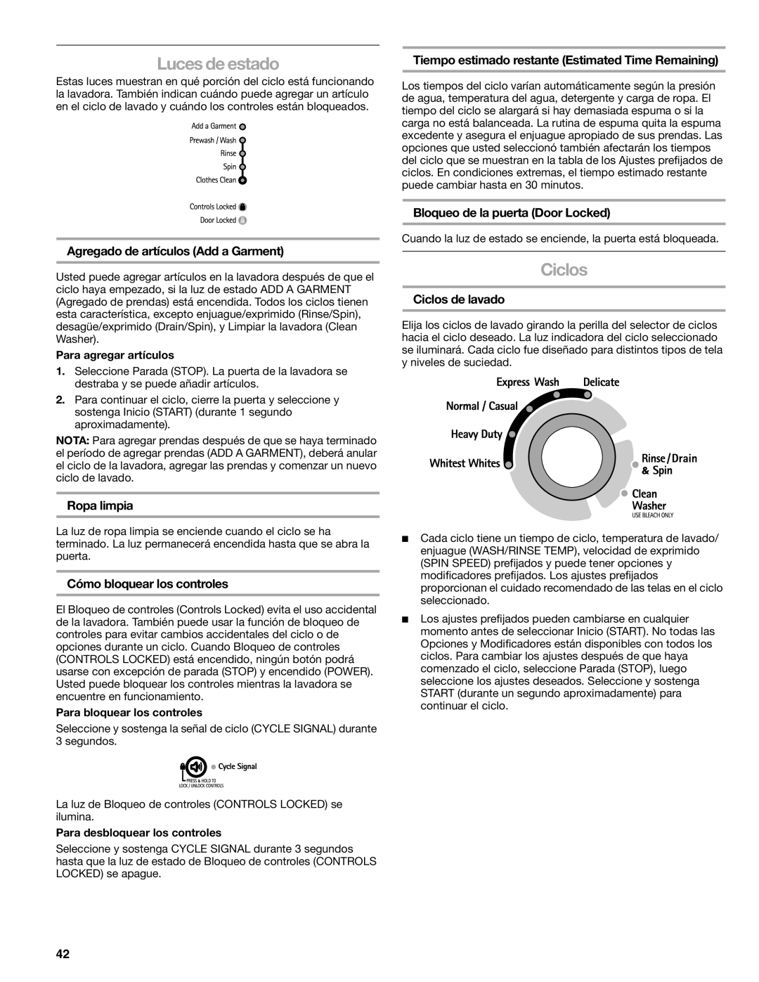 Kenmore 110.4751 manual Luces de estado, Ciclos 