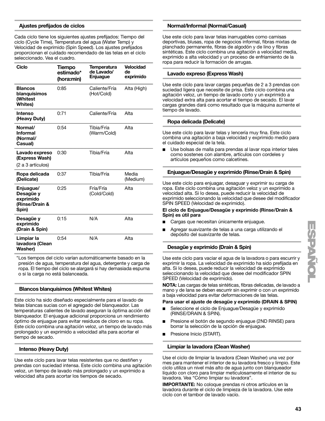 Kenmore 110.4751 Ajustes prefijados de ciclos Normal/Informal Normal/Casual, Tiempo, Estimado, Horamin, Intenso Heavy Duty 