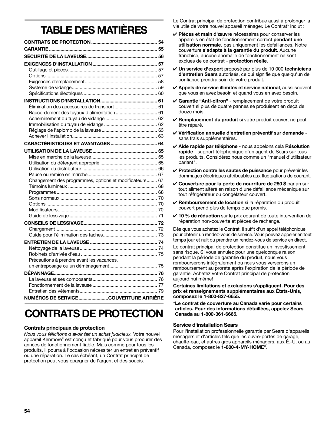 Kenmore 110.4751 manual Table DES Matières, Contrats principaux de protection, Service dinstallation Sears 