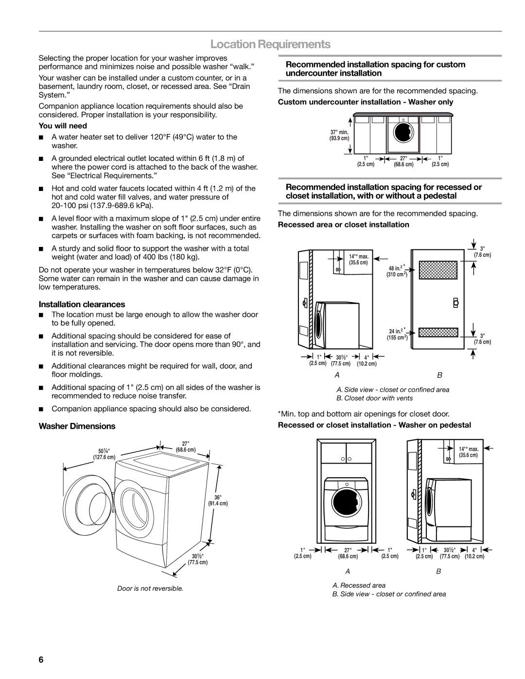 Kenmore 110.4751 manual Location Requirements, Installation clearances, Washer Dimensions 