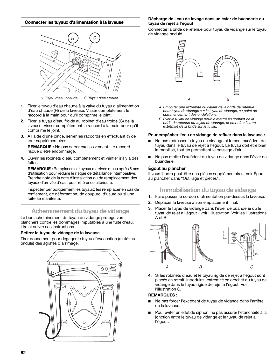 Kenmore 110.4751 manual Acheminement du tuyau de vidange, Immobilisation du tuyau de vidange, Égout au plancher, Remarques 