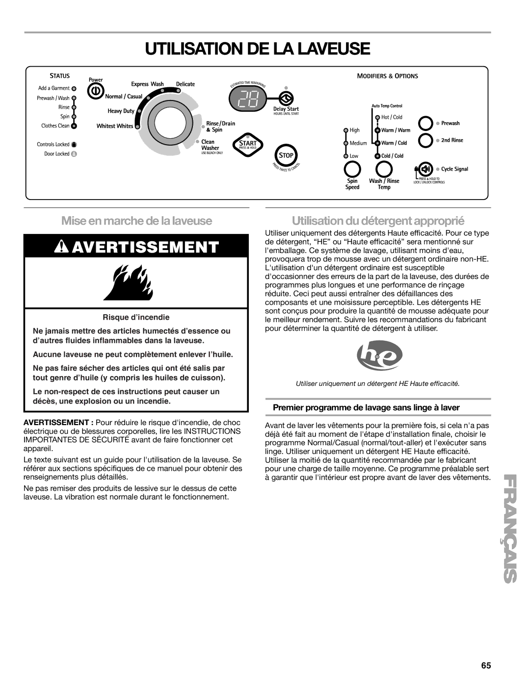 Kenmore 110.4751 manual Utilisation DE LA Laveuse, Mise en marche de la laveuse, Utilisation du détergent approprié 