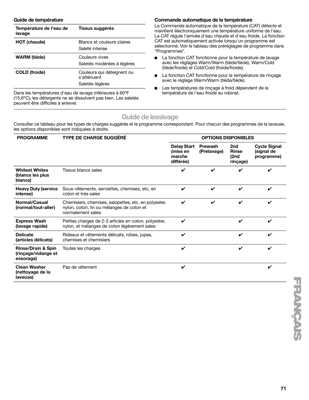 Kenmore 110.4751 manual Guide de lessivage, Guide de température, Commande automatique de la température 