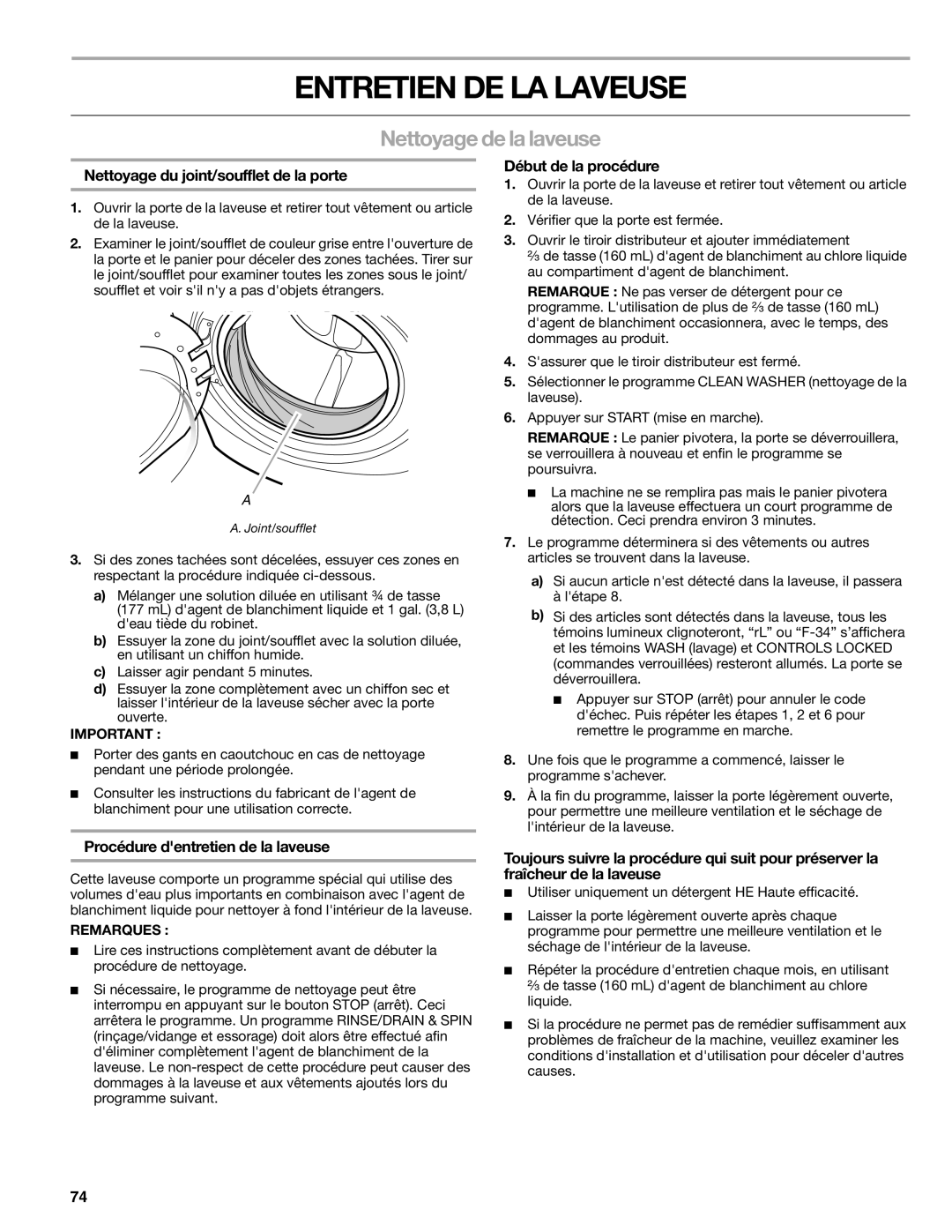 Kenmore 110.4751 manual Entretien DE LA Laveuse, Nettoyage de la laveuse, Nettoyage du joint/soufflet de la porte 