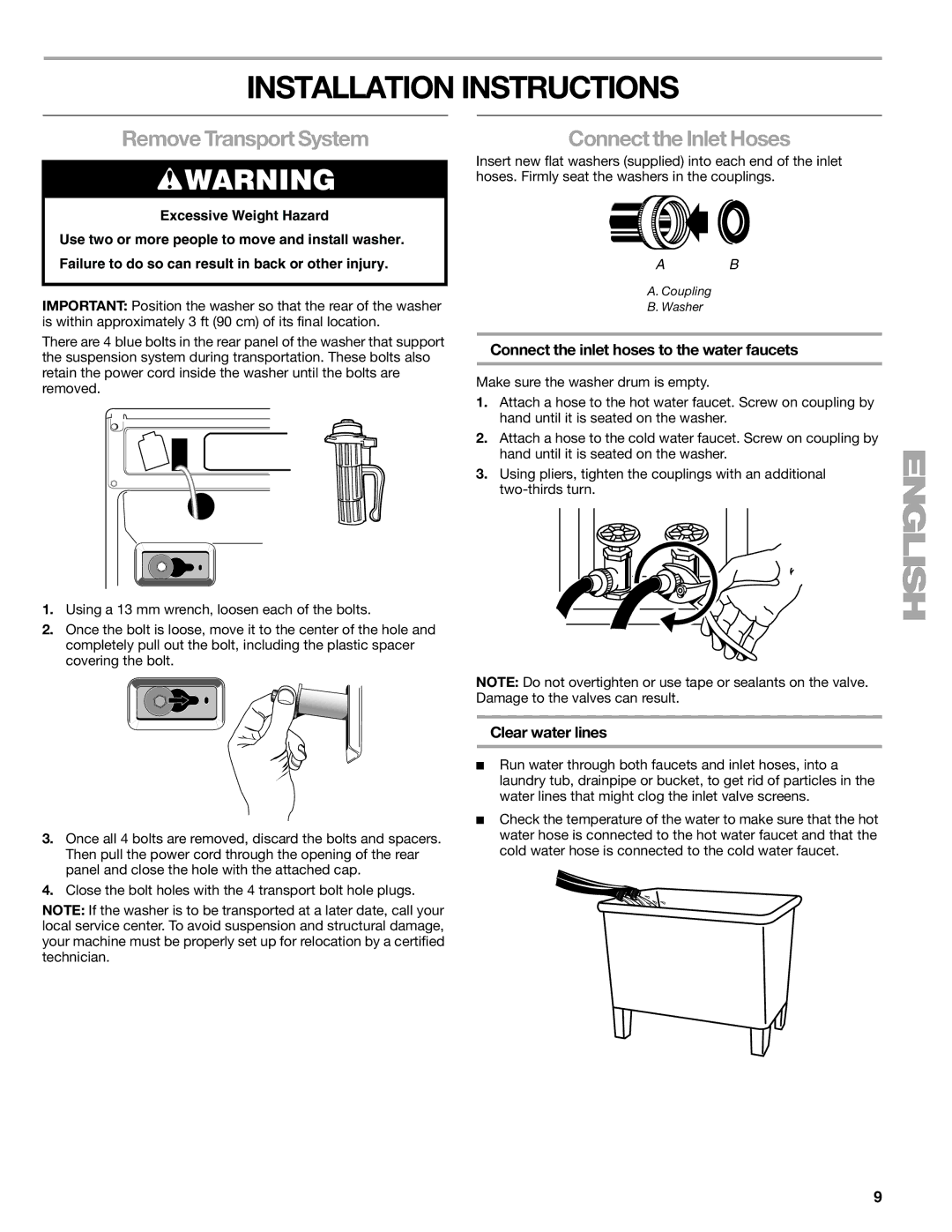 Kenmore 110.4751 manual Installation Instructions, Remove Transport System, Connect the Inlet Hoses, Clear water lines 