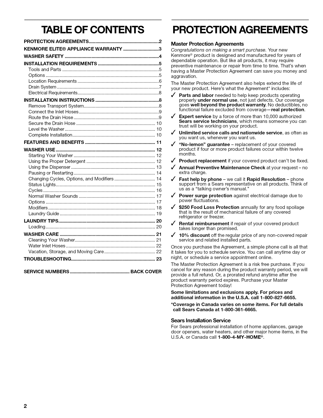 Kenmore 4776, 110.477, 4778, 4771, 4775, 4779 manual Table of Contents 