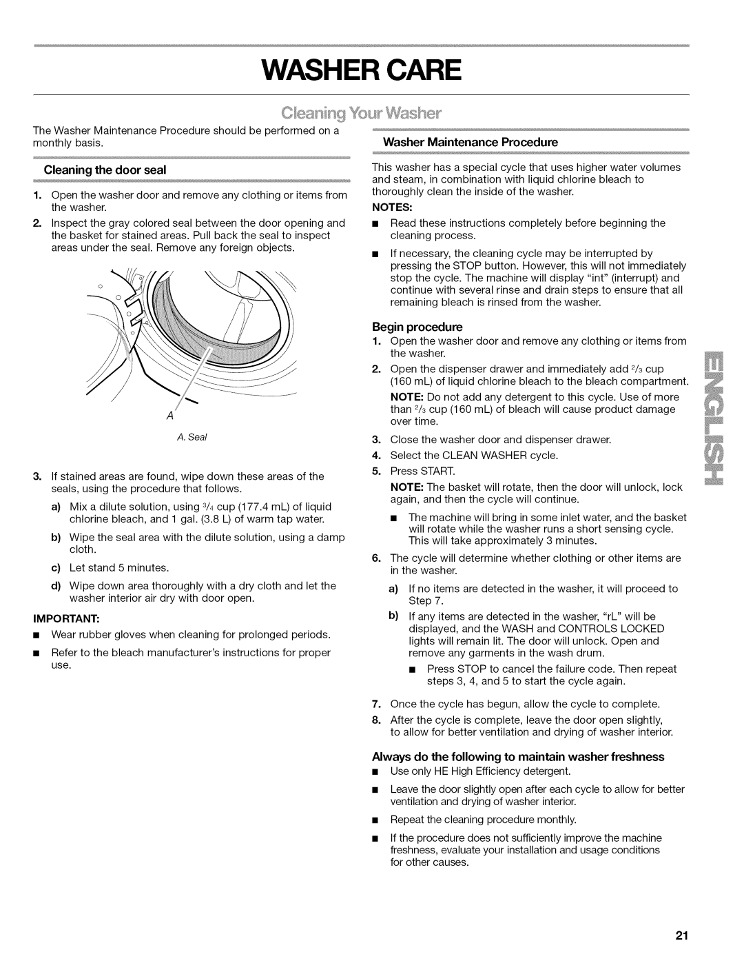 Kenmore 4771, 110.477, 4778, 4776, 4775 Washer Care, Cleaning the door seal, Washer Maintenance Procedure, Begin procedure 