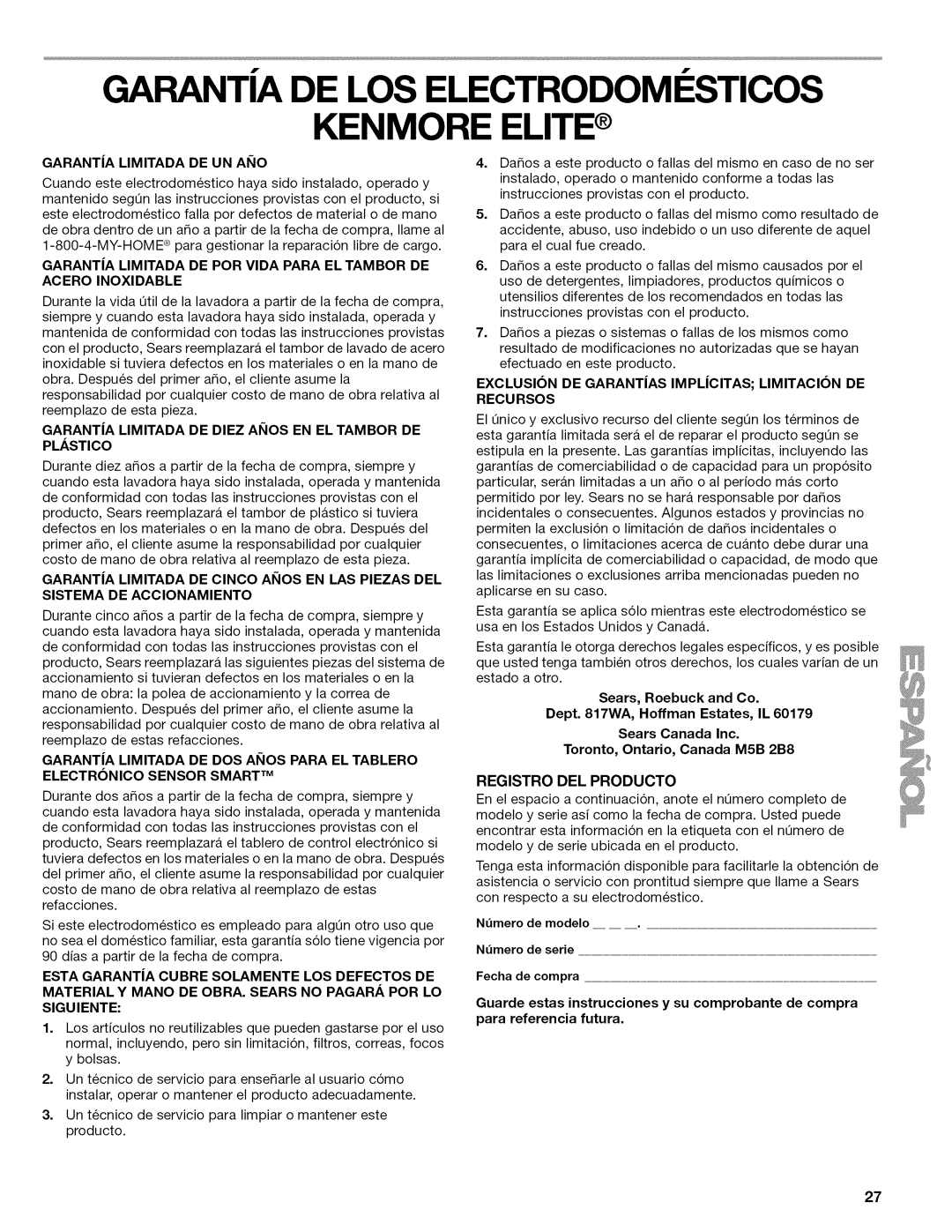 Kenmore 4771 Garanta DE LOS Electrodomi Sticos, Garanta Limitada DE UN Aiio, Garanta Limitada DE DOS Aiios Para EL Tablero 