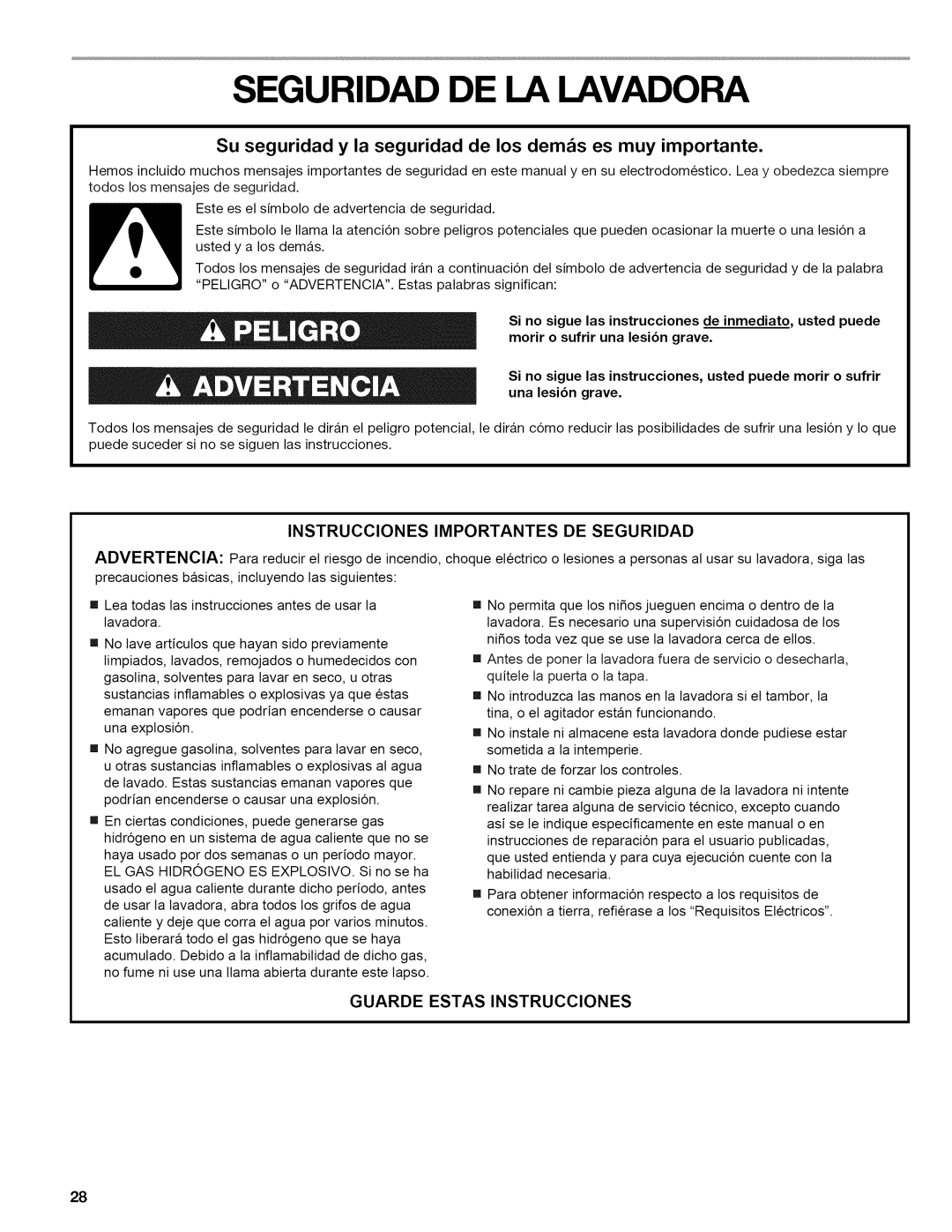 Kenmore 4775, 110.477, 4778, 4776, 4771 Seguridad DE LA Lavadora, Su seguridad y la seguridad de los dem&s es muy importante 