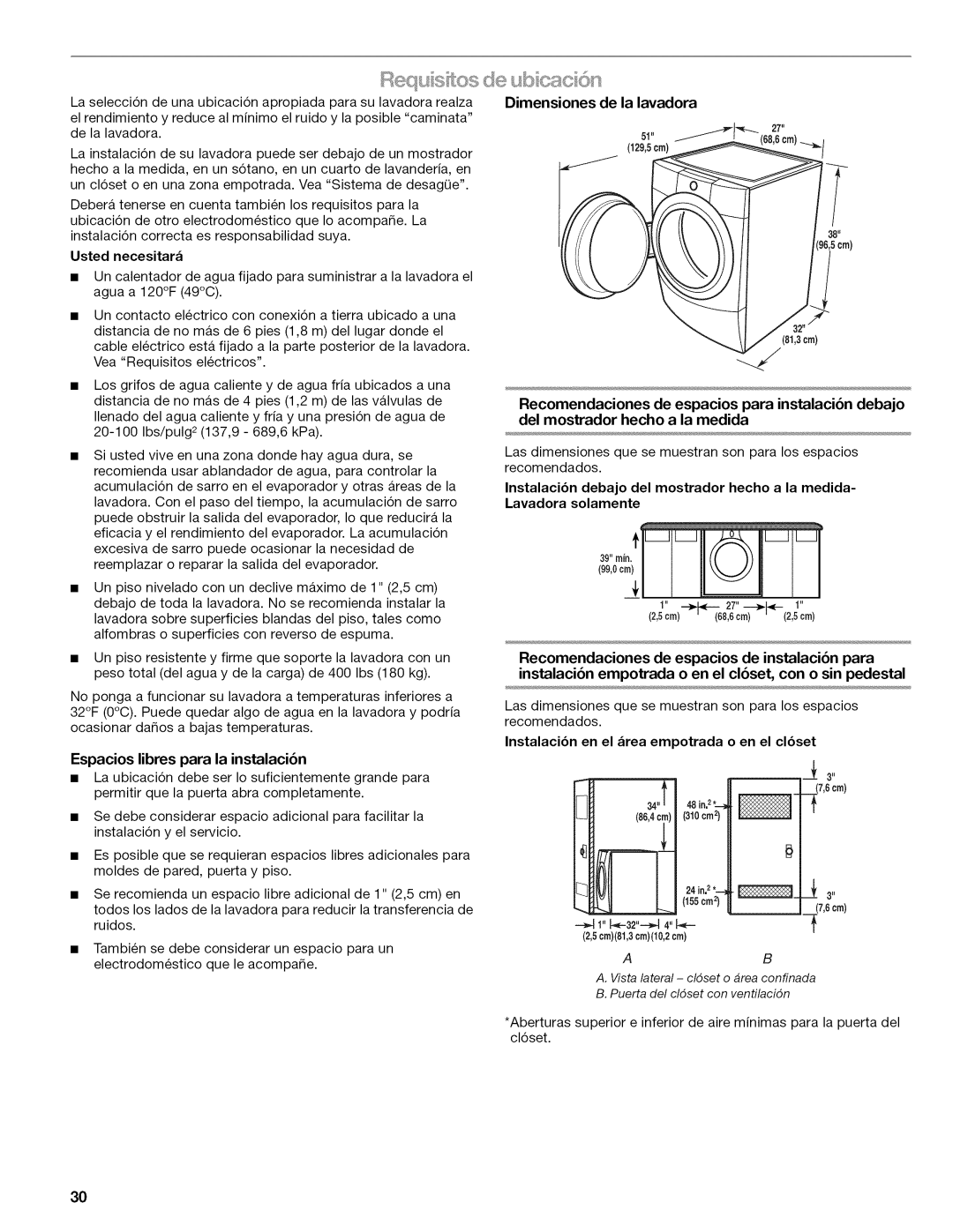 Kenmore 110.477, 4778, 4776, 4771, 4775, 4779 manual Usted necesitara, Espacios libres para la instalacibn 