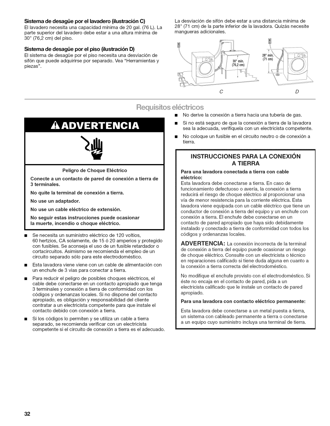 Kenmore 4776, 110.477 Sistema de desagLie por el lavadero ilustraci6n C, Sistema de desagLie por el piso ilustraci6n D 