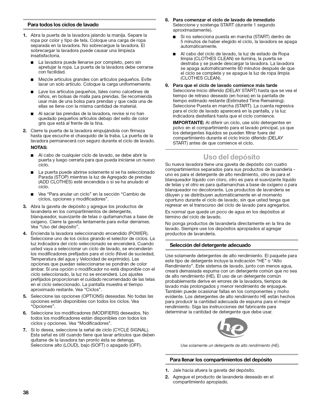 Kenmore 4776, 110.477, 4778, 4771, 4775, 4779 manual Para todos los ciclos de lavado, Notas, Selecci6n del detergente adecuado 